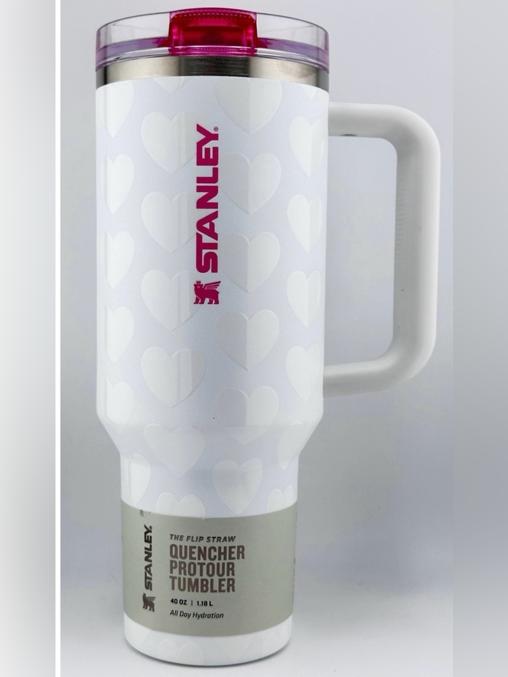 Stanley White Heart 40oz Quencher ProTour Tumbler with Pink Lid